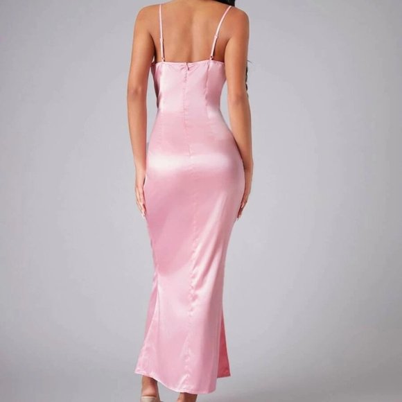 Draped Detail Split Hem Satin Slip Dress PInk - Picture 4 of 5